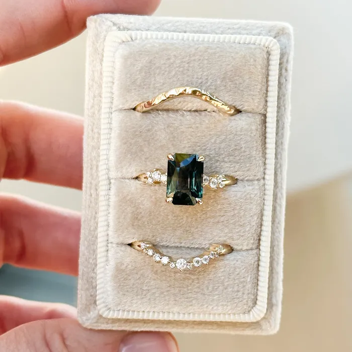 Nashan 307ct Multicolor Teal and Purple Radiant Cut Sapphire and Diamond ring in 14k Yellow Gold Rings