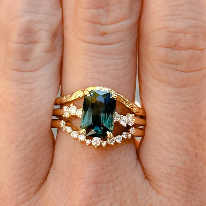 Nashan 307ct Multicolor Teal and Purple Radiant Cut Sapphire and Diamond ring in 14k Yellow Gold Rings