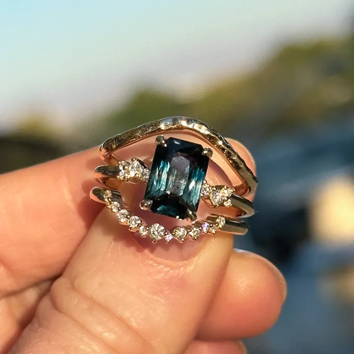 Nashan 307ct Multicolor Teal and Purple Radiant Cut Sapphire and Diamond ring in 14k Yellow Gold Rings