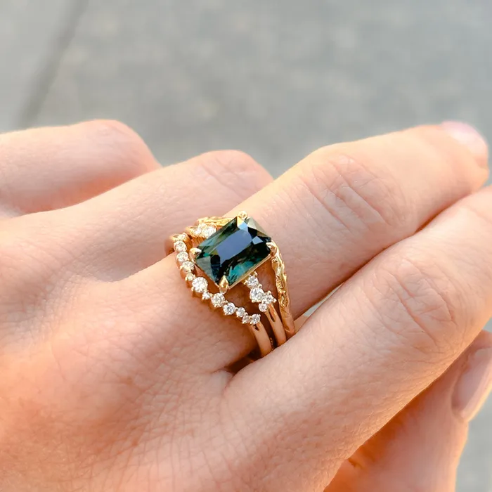 Nashan 307ct Multicolor Teal and Purple Radiant Cut Sapphire and Diamond ring in 14k Yellow Gold Rings