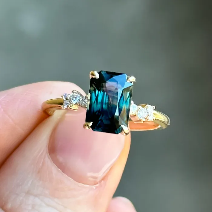 Nashan 307ct Multicolor Teal and Purple Radiant Cut Sapphire and Diamond ring in 14k Yellow Gold Rings
