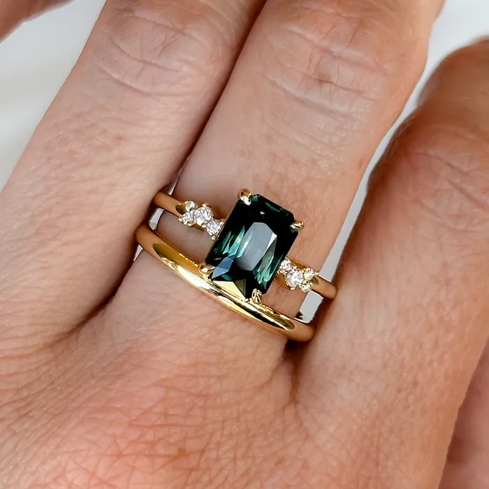 Nashan 307ct Multicolor Teal and Purple Radiant Cut Sapphire and Diamond ring in 14k Yellow Gold Rings