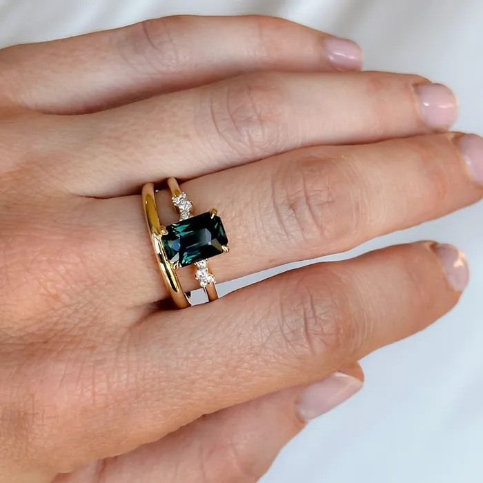 Nashan 307ct Multicolor Teal and Purple Radiant Cut Sapphire and Diamond ring in 14k Yellow Gold Rings