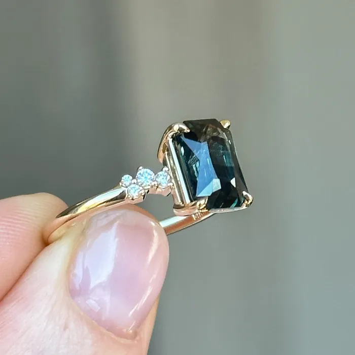 Nashan 307ct Multicolor Teal and Purple Radiant Cut Sapphire and Diamond ring in 14k Yellow Gold Rings