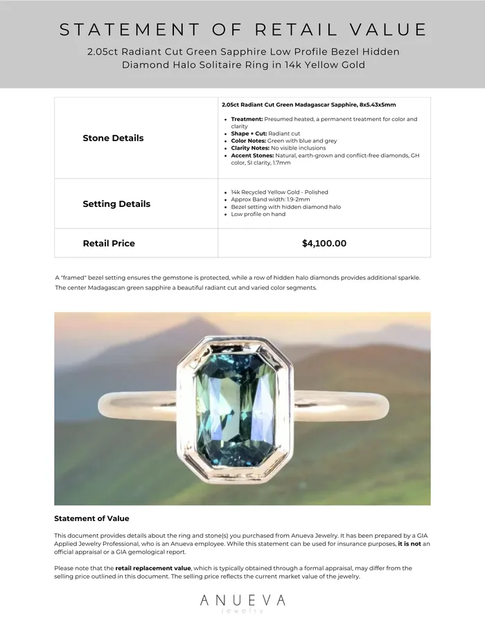 NASHAN Rings 205ct Radiant Cut Green Sapphire Low Profile Bezel Hidden Diamond Halo Solitaire Ring in 14k Yellow Gold