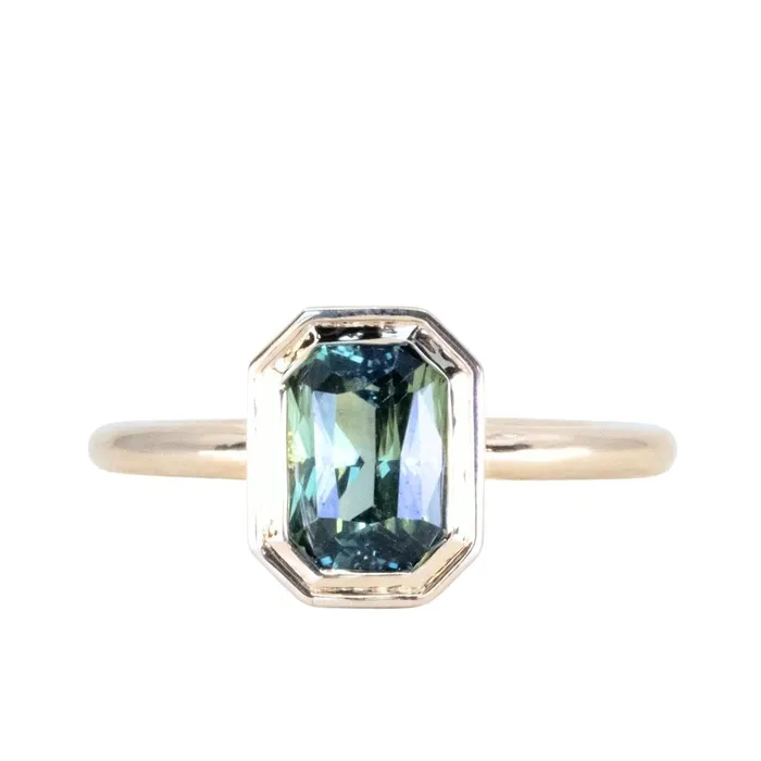 NASHAN Rings 205ct Radiant Cut Green Sapphire Low Profile Bezel Hidden Diamond Halo Solitaire Ring in 14k Yellow Gold