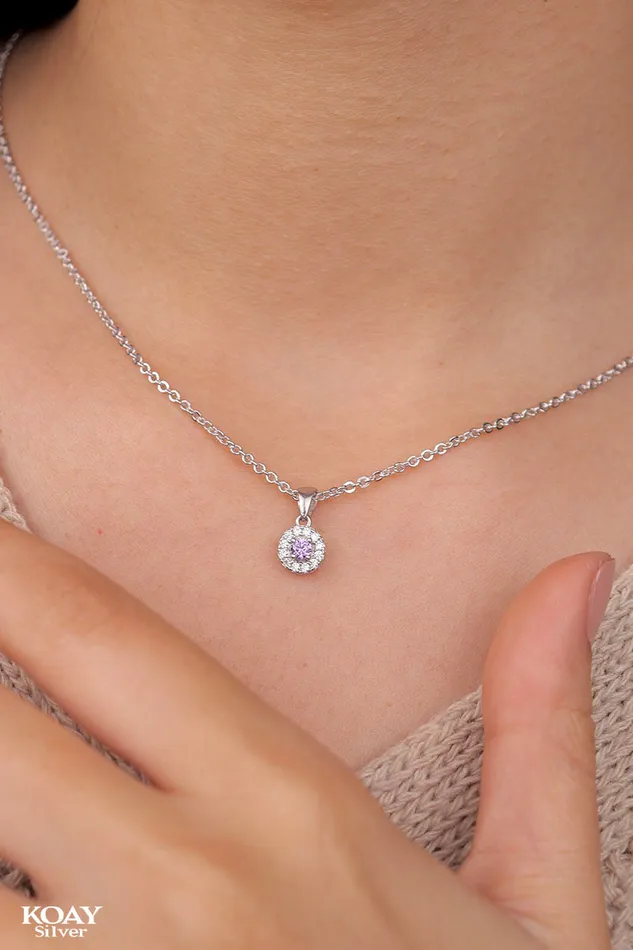 Necklaces KOAY Silver Store Circle Zircon Purple Necklace