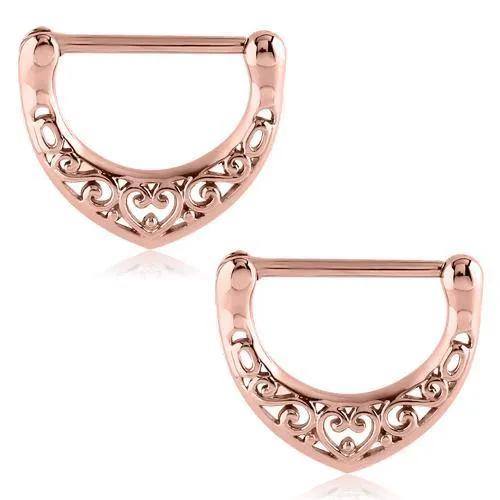 Necklaces Tulsa Body Jewelry Filigree Heart Rose Gold Nipple Clickers