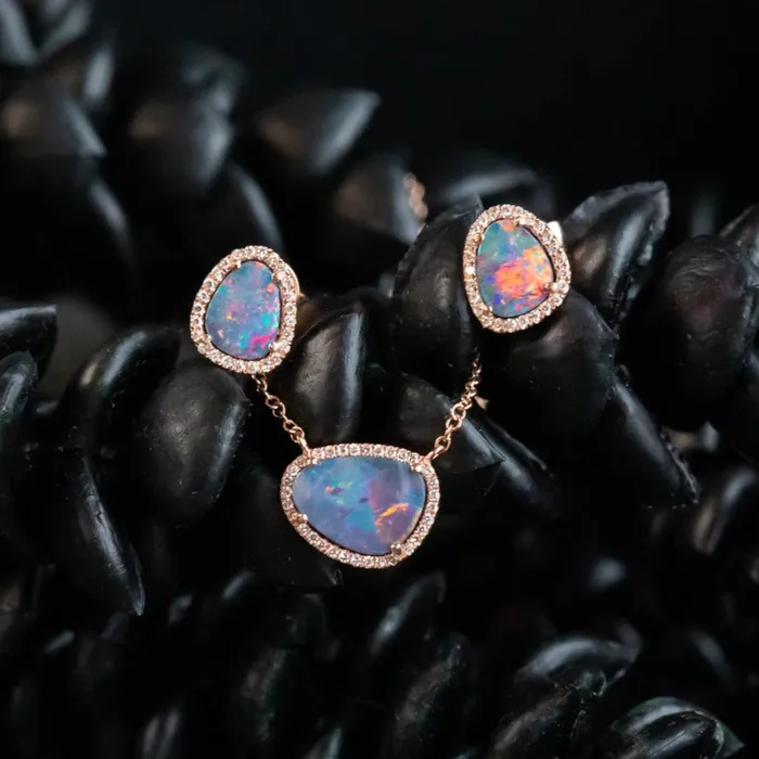 Opal and Diamond Halo Earrings and Necklace 14k Rose Set Set E Diamani Earrings Opal and Diamond Halo Earrings and Necklace 14k Rose Set Set E Diamani Earrings