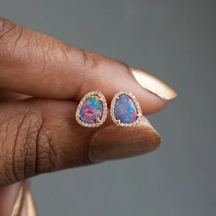 Opal and Diamond Halo Earrings and Necklace 14k Rose Set Set E Diamani Earrings