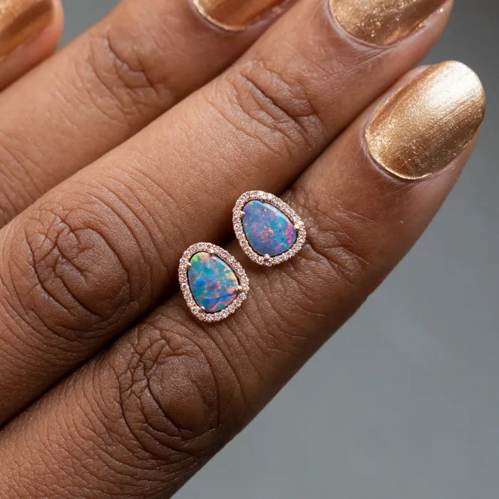 Opal and Diamond Halo Earrings and Necklace 14k Rose Set Set E Diamani Earrings