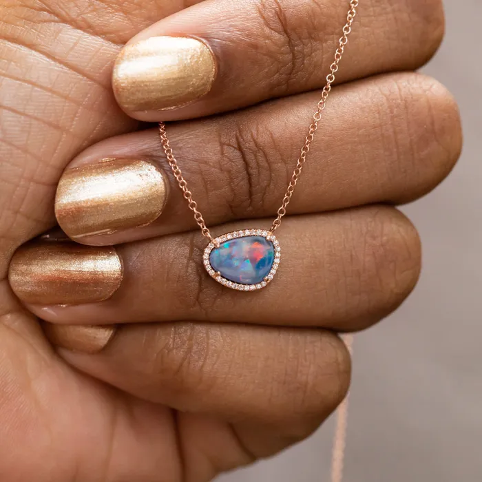 Opal and Diamond Halo Earrings and Necklace 14k Rose Set Set E Diamani Earrings
