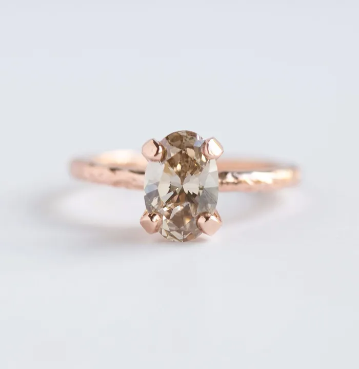 Rings 151ct Oval Champagne Diamond Engagement Ring in Hand Carved Recycled Rose Gold by Anueva Jewelry Anueva Jewelry Rings 151ct Oval Champagne Diamond Engagement Ring in Hand Carved Recycled Rose Gold by Anueva Jewelry Anueva Jewelry