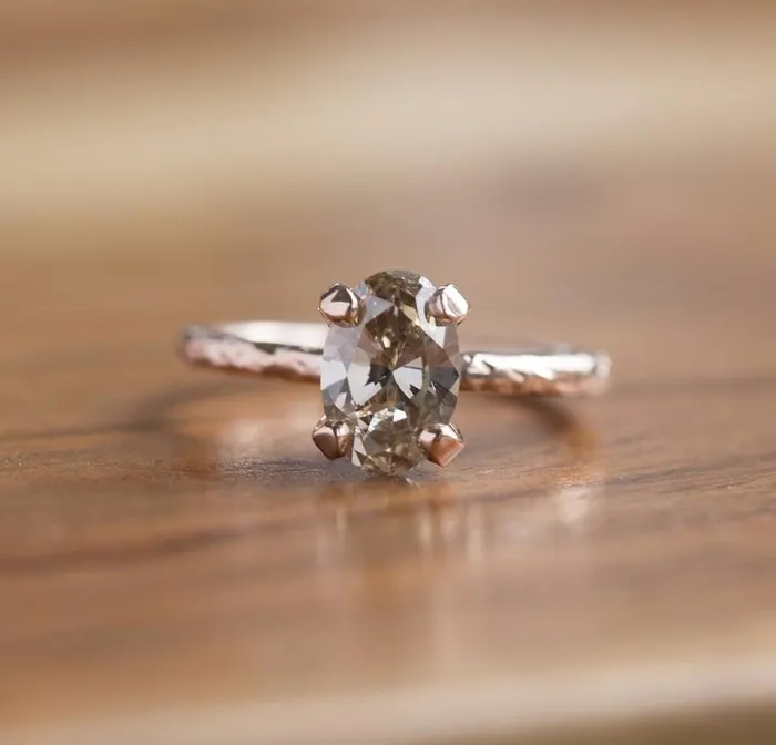 Rings 151ct Oval Champagne Diamond Engagement Ring in Hand Carved Recycled Rose Gold by Anueva Jewelry Anueva Jewelry