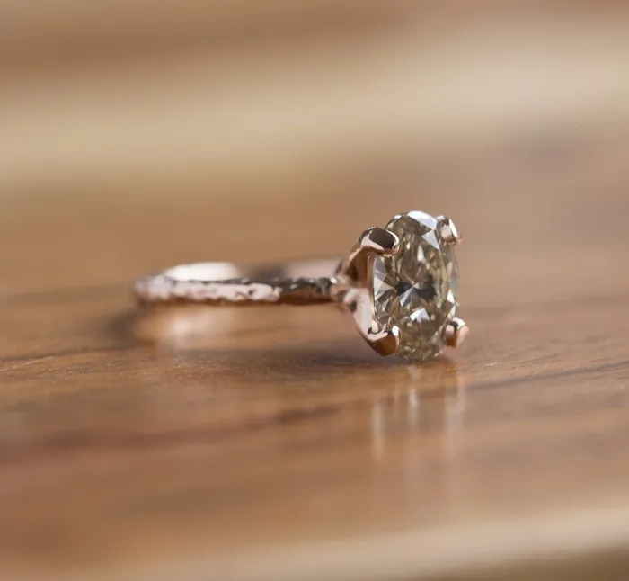 Rings 151ct Oval Champagne Diamond Engagement Ring in Hand Carved Recycled Rose Gold by Anueva Jewelry Anueva Jewelry
