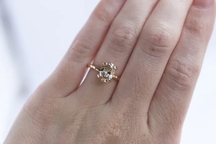 Rings 151ct Oval Champagne Diamond Engagement Ring in Hand Carved Recycled Rose Gold by Anueva Jewelry Anueva Jewelry