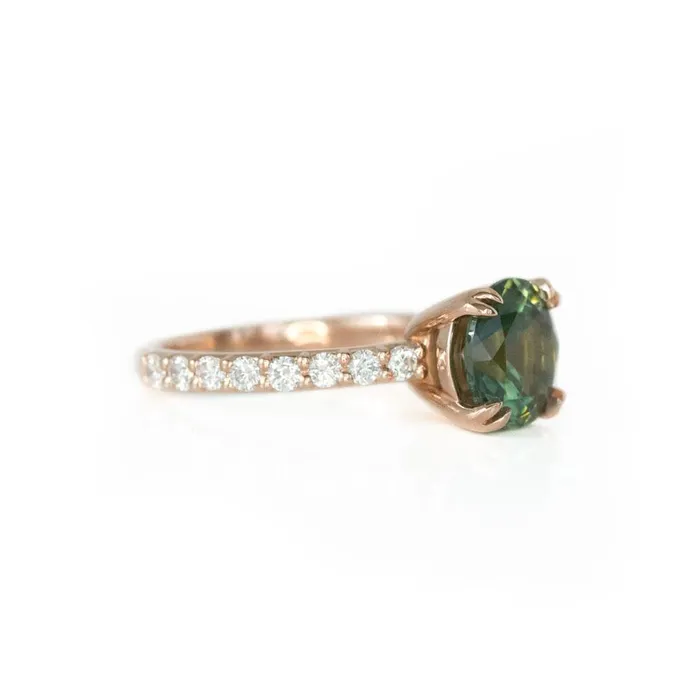 Rings Anueva Jewelry 277ct Round Green Unheated Sapphire and Diamondstudded ring in 14k Rose Gold