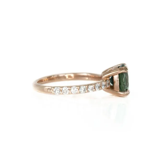 Rings Anueva Jewelry 277ct Round Green Unheated Sapphire and Diamondstudded ring in 14k Rose Gold