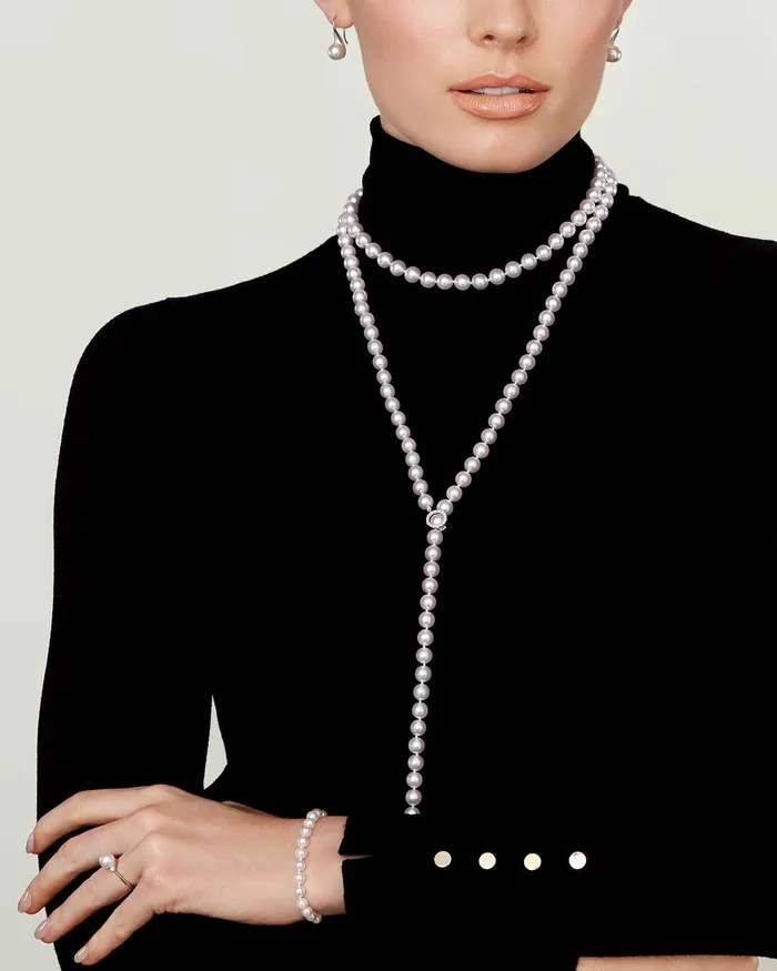 SPT Necklaces White Japanese Akoya Pearl Adjustable Lariat 51Inch Rope Length Necklace AAA Quality