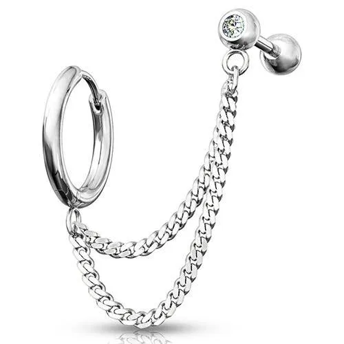 Tulsa Body Jewelry Rings Stainless Cartilage Ring Double Chained CZ Barbell