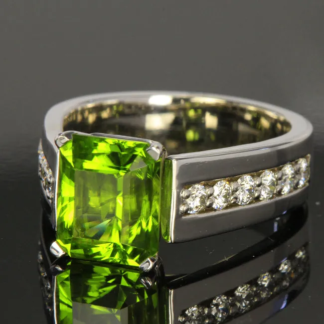 vendorunknown 14K White Gold Barion Style Emerald Cut Peridot Ring Designed By Christopher Michael 440 Carat Rings